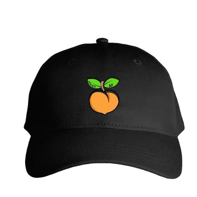 Black baseball cap on a white background, adjustable strapback hat with embroidered logo on the front.
